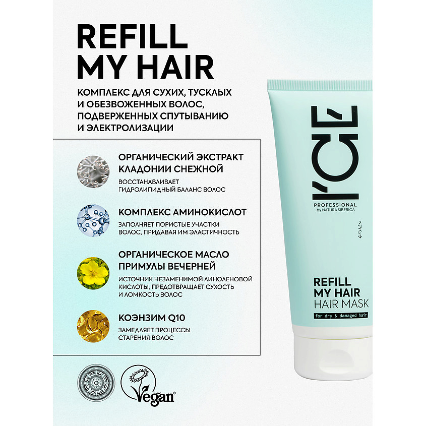 ICE BY NATURA SIBERICA Маска для сухих и повреждённых волос Refill My Hair Hair Mask – фото 4